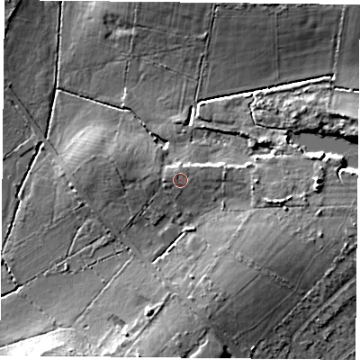 Shaded relief map of the ground around PO76JA, computed from Environment Agency LiDAR. The ground here sits at about 41 m above sea level and falls 13 m across the surrounding 800 m. Surface water reaching this point runs off ground lying to the east-north-east, 1.3 m higher.