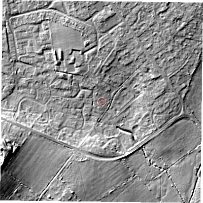 Shaded relief map of the ground around PO76PZ, computed from Environment Agency LiDAR. The ground here sits at about 40 m above sea level and falls 17 m across the surrounding 800 m. Surface water reaching this point runs off ground lying to the north, 2.5 m higher.