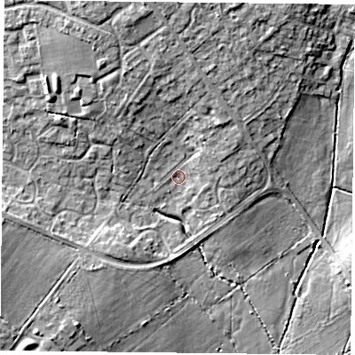 Shaded relief map of the ground around PO76QD, computed from Environment Agency LiDAR. The ground here sits at about 39 m above sea level and falls 11 m across the surrounding 800 m. Surface water reaching this point runs off ground lying to the north-north-east, 4.9 m higher.