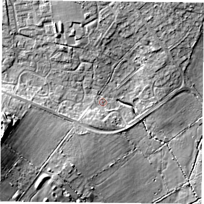 Shaded relief map of the ground around PO76QH, computed from Environment Agency LiDAR. The ground here sits at about 39 m above sea level and falls 17 m across the surrounding 800 m. Surface water reaching this point runs off ground lying to the west-south-west, 14.2 m higher.