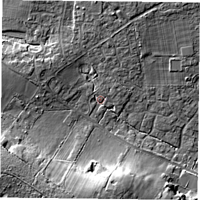 Shaded relief map of the ground around PO76SU, computed from Environment Agency LiDAR. The ground here sits at about 45 m above sea level and falls 18 m across the surrounding 800 m. Surface water reaching this point runs off ground lying to the west-north-west, 3.8 m higher.