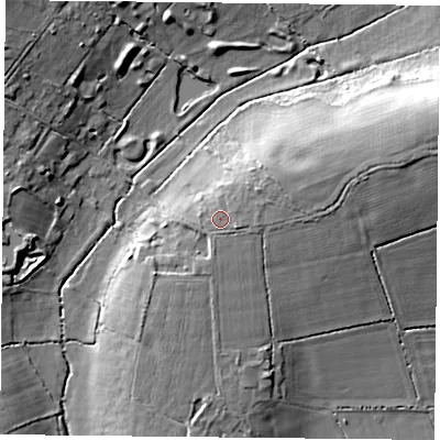 Shaded relief map of the ground around PO76TR, computed from Environment Agency LiDAR. The ground here sits at about 38 m above sea level and falls 17 m across the surrounding 800 m. Surface water reaching this point runs off ground lying to the east-north-east, 7.1 m higher.
