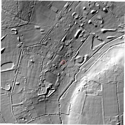 Shaded relief map of the ground around PO76TS, computed from Environment Agency LiDAR. The ground here sits at about 34 m above sea level and falls 21 m across the surrounding 800 m. Surface water reaching this point runs off ground lying to the north-west, 13.8 m higher.