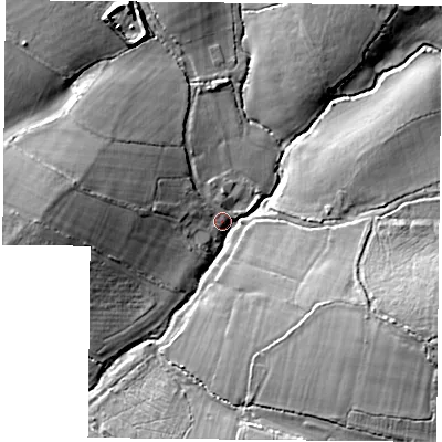 Shaded relief map of the ground around PO76TW, computed from Environment Agency LiDAR. The ground here sits at about 28 m above sea level and falls 14 m across the surrounding 800 m. Surface water reaching this point runs off ground lying to the east-south-east, 13.1 m higher.