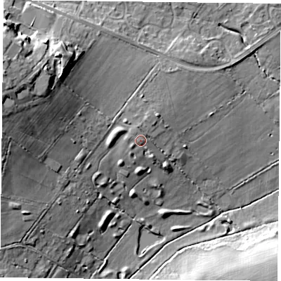 Shaded relief map of the ground around PO76TX, computed from Environment Agency LiDAR. The ground here sits at about 41 m above sea level and falls 22 m across the surrounding 800 m. Surface water reaching this point runs off ground lying to the north-north-west, 1.1 m higher.