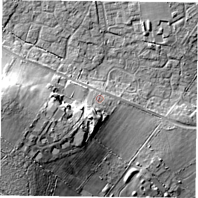 Shaded relief map of the ground around PO76TZ, computed from Environment Agency LiDAR. The ground here sits at about 45 m above sea level and falls 23 m across the surrounding 800 m. Surface water reaching this point runs off ground lying to the west-south-west, 11.1 m higher.
