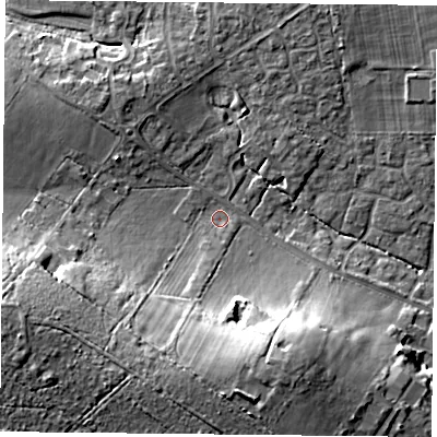Shaded relief map of the ground around PO76UA, computed from Environment Agency LiDAR. The ground here sits at about 45 m above sea level and falls 19 m across the surrounding 800 m. Surface water reaching this point runs off ground lying to the west-south-west, 14.2 m higher.