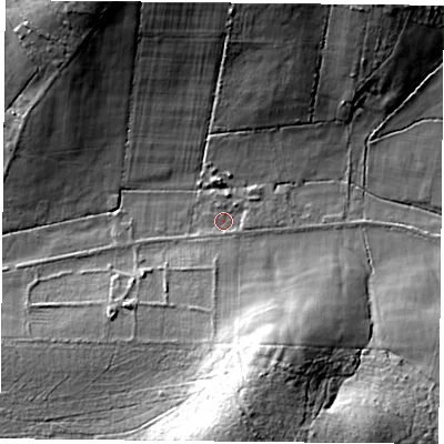Shaded relief map of the ground around PO76UF, computed from Environment Agency LiDAR. The ground here sits at about 39 m above sea level and falls 22 m across the surrounding 800 m. Surface water reaching this point runs off ground lying to the south, 17.9 m higher.