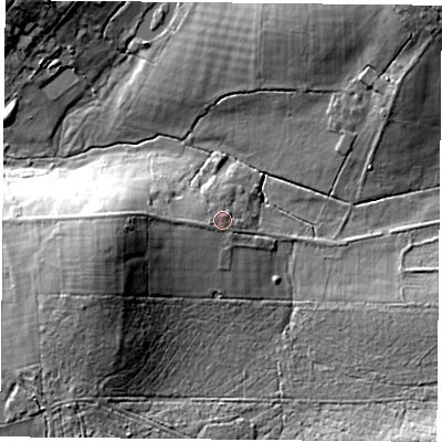 Shaded relief map of the ground around PO76UG, computed from Environment Agency LiDAR. The ground here sits at about 39 m above sea level and falls 17 m across the surrounding 800 m. Surface water reaching this point runs off ground lying to the west-south-west, 8.2 m higher.