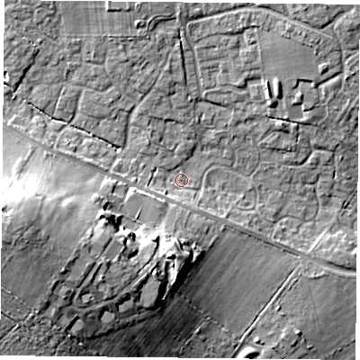 Shaded relief map of the ground around PO76UH, computed from Environment Agency LiDAR. The ground here sits at about 42 m above sea level and falls 21 m across the surrounding 800 m. Surface water reaching this point runs off ground lying to the west-south-west, 18.5 m higher.