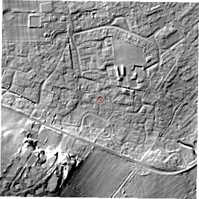 Shaded relief map of the ground around PO76UJ, computed from Environment Agency LiDAR. The ground here sits at about 41 m above sea level and falls 20 m across the surrounding 800 m. Surface water reaching this point runs off ground lying to the north-north-east, 8.0 m higher.