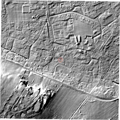 Shaded relief map of the ground around PO76UL, computed from Environment Agency LiDAR. The ground here sits at about 41 m above sea level and falls 21 m across the surrounding 800 m. Surface water reaching this point runs off ground lying to the west-south-west, 17.1 m higher.