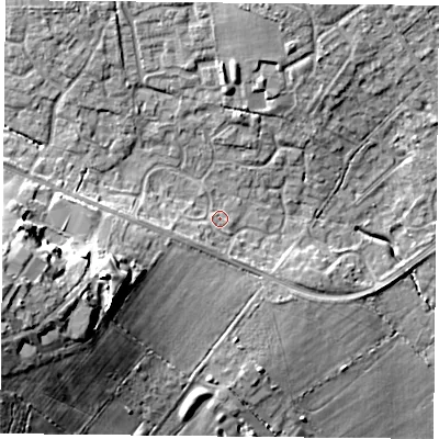 Shaded relief map of the ground around PO76UN, computed from Environment Agency LiDAR. The ground here sits at about 40 m above sea level and falls 19 m across the surrounding 800 m. Surface water reaching this point runs off ground lying to the west-south-west, 2.7 m higher.