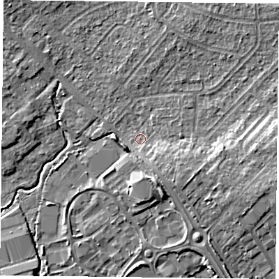 Shaded relief map of the ground around PO76UT, computed from Environment Agency LiDAR. The ground here sits at about 37 m above sea level and falls 9 m across the surrounding 800 m. Surface water reaching this point runs off ground lying to the east-south-east, 6.1 m higher.