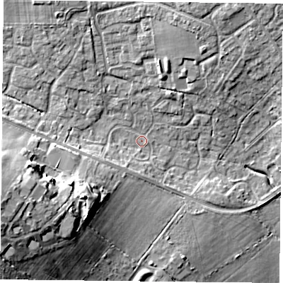 Shaded relief map of the ground around PO76UU, computed from Environment Agency LiDAR. The ground here sits at about 40 m above sea level and falls 19 m across the surrounding 800 m. Surface water reaching this point runs off ground lying to the west-south-west, 16.2 m higher.