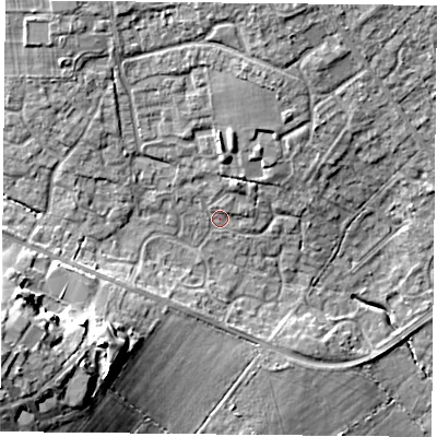 Shaded relief map of the ground around PO76UX, computed from Environment Agency LiDAR. The ground here sits at about 41 m above sea level and falls 18 m across the surrounding 800 m. Surface water reaching this point runs off ground lying to the north-north-east, 2.6 m higher.