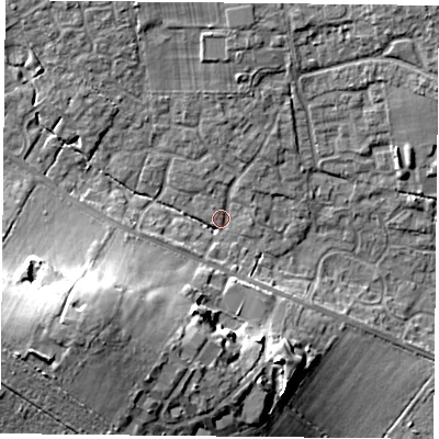 Shaded relief map of the ground around PO76UY, computed from Environment Agency LiDAR. The ground here sits at about 43 m above sea level and falls 20 m across the surrounding 800 m. Surface water reaching this point runs off ground lying to the south-west, 18.5 m higher.