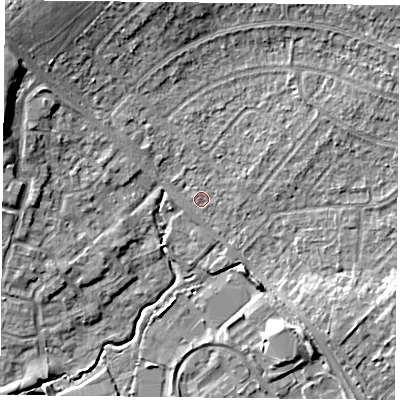 Shaded relief map of the ground around PO76XA, computed from Environment Agency LiDAR. The ground here sits at about 37 m above sea level and falls 11 m across the surrounding 800 m. Surface water reaching this point runs off ground lying to the north-west, 6.6 m higher.