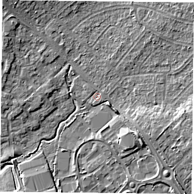 Shaded relief map of the ground around PO76XB, computed from Environment Agency LiDAR. The ground here sits at about 37 m above sea level and falls 9 m across the surrounding 800 m. Surface water reaching this point runs off ground lying to the east-south-east, 4.9 m higher.