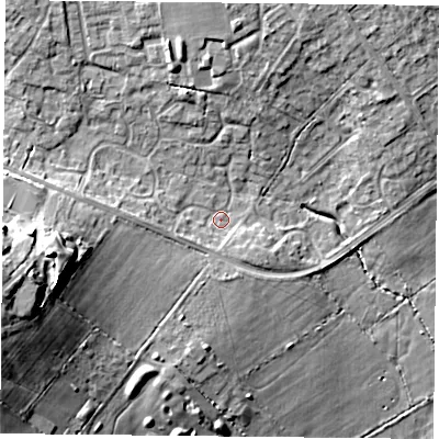 Shaded relief map of the ground around PO76XL, computed from Environment Agency LiDAR. The ground here sits at about 39 m above sea level and falls 18 m across the surrounding 800 m. Surface water reaching this point runs off ground lying to the west, 4.1 m higher.