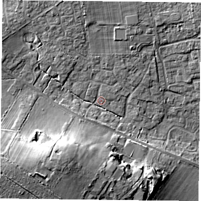 Shaded relief map of the ground around PO76XN, computed from Environment Agency LiDAR. The ground here sits at about 43 m above sea level and falls 20 m across the surrounding 800 m. Surface water reaching this point runs off ground lying to the south-west, 17.6 m higher.