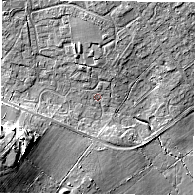 Shaded relief map of the ground around PO76XR, computed from Environment Agency LiDAR. The ground here sits at about 40 m above sea level and falls 17 m across the surrounding 800 m. Surface water reaching this point runs off ground lying to the north, 8.2 m higher.