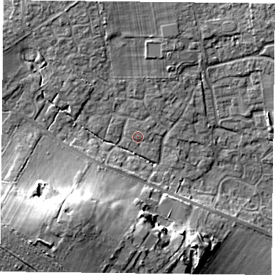 Shaded relief map of the ground around PO76XU, computed from Environment Agency LiDAR. The ground here sits at about 43 m above sea level and falls 20 m across the surrounding 800 m. Surface water reaching this point runs off ground lying to the south-west, 17.6 m higher.