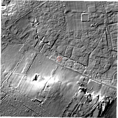 Shaded relief map of the ground around PO76XW, computed from Environment Agency LiDAR. The ground here sits at about 44 m above sea level and falls 19 m across the surrounding 800 m. Surface water reaching this point runs off ground lying to the south-south-east, 2.4 m higher.