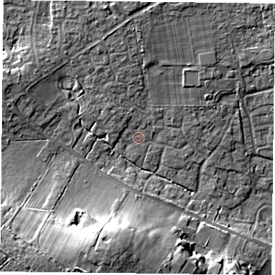 Shaded relief map of the ground around PO76YB, computed from Environment Agency LiDAR. The ground here sits at about 43 m above sea level and falls 19 m across the surrounding 800 m. Surface water reaching this point runs off ground lying to the north-west, 1.9 m higher.