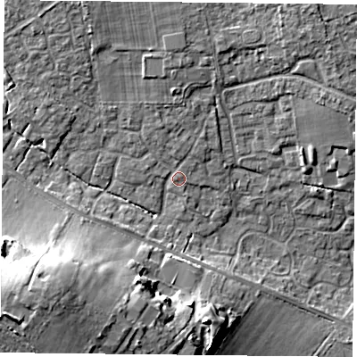 Shaded relief map of the ground around PO76YD, computed from Environment Agency LiDAR. The ground here sits at about 43 m above sea level and falls 21 m across the surrounding 800 m. Surface water reaching this point runs off ground lying to the north-north-west, 4.3 m higher.
