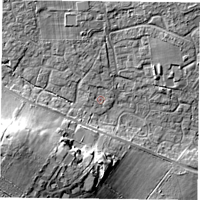 Shaded relief map of the ground around PO76YH, computed from Environment Agency LiDAR. The ground here sits at about 42 m above sea level and falls 21 m across the surrounding 800 m. Surface water reaching this point runs off ground lying to the west, 1.3 m higher.