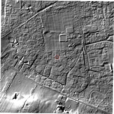 Shaded relief map of the ground around PO76YJ, computed from Environment Agency LiDAR. The ground here sits at about 44 m above sea level and falls 20 m across the surrounding 800 m. Surface water reaching this point runs off ground lying to the north-north-west, 3.9 m higher.