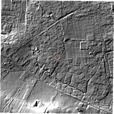 Shaded relief map of the ground around PO76YP, computed from Environment Agency LiDAR. The ground here sits at about 44 m above sea level and falls 18 m across the surrounding 800 m. Surface water reaching this point runs off ground lying to the west, 4.3 m higher.