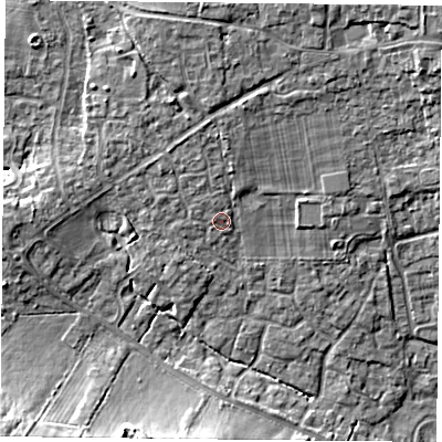 Shaded relief map of the ground around PO76YR, computed from Environment Agency LiDAR. The ground here sits at about 45 m above sea level and falls 14 m across the surrounding 800 m. Surface water reaching this point runs off ground lying to the north, 2.2 m higher.