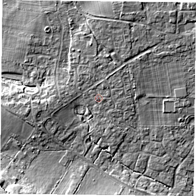 Shaded relief map of the ground around PO76YS, computed from Environment Agency LiDAR. The ground here sits at about 45 m above sea level and falls 14 m across the surrounding 800 m. Surface water reaching this point runs off ground lying to the north-north-east, 1.3 m higher.