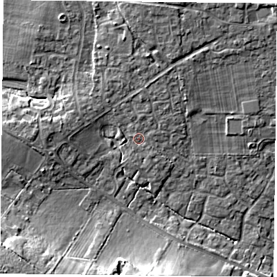 Shaded relief map of the ground around PO76YT, computed from Environment Agency LiDAR. The ground here sits at about 45 m above sea level and falls 17 m across the surrounding 800 m. Surface water reaching this point runs off ground lying to the north-north-east, 4.7 m higher.