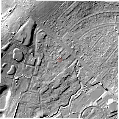 Shaded relief map of the ground around PO77BN, computed from Environment Agency LiDAR. The ground here sits at about 37 m above sea level and falls 14 m across the surrounding 800 m. Surface water reaching this point runs off ground lying to the west-south-west, 0.8 m higher.