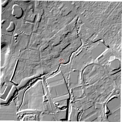 Shaded relief map of the ground around PO77FL, computed from Environment Agency LiDAR. The ground here sits at about 35 m above sea level and falls 14 m across the surrounding 800 m. Surface water reaching this point runs off ground lying to the north-north-west, 5.5 m higher.