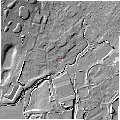 Shaded relief map of the ground around PO77FN, computed from Environment Agency LiDAR. The ground here sits at about 35 m above sea level and falls 14 m across the surrounding 800 m. Surface water reaching this point runs off ground lying to the north-north-east, 2.2 m higher.