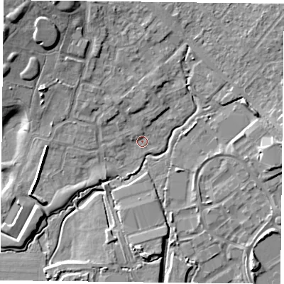 Shaded relief map of the ground around PO77FR, computed from Environment Agency LiDAR. The ground here sits at about 35 m above sea level and falls 13 m across the surrounding 800 m. Surface water reaching this point runs off ground lying to the north-north-east, 2.0 m higher.