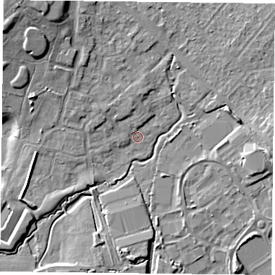 Shaded relief map of the ground around PO77FS, computed from Environment Agency LiDAR. The ground here sits at about 36 m above sea level and falls 14 m across the surrounding 800 m. Surface water reaching this point runs off ground lying to the north, 1.5 m higher.