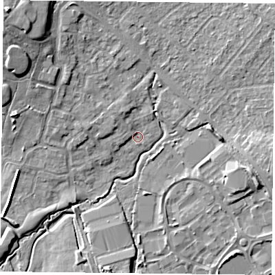 Shaded relief map of the ground around PO77FT, computed from Environment Agency LiDAR. The ground here sits at about 36 m above sea level and falls 14 m across the surrounding 800 m. Surface water reaching this point runs off ground lying to the north-west, 2.5 m higher.