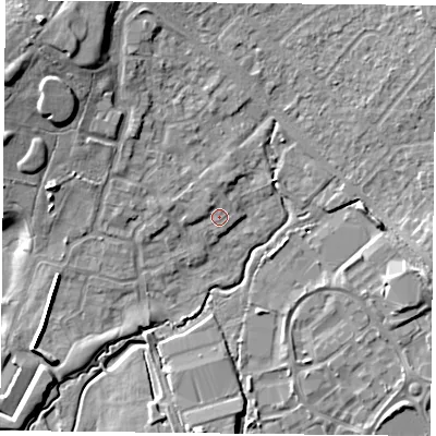 Shaded relief map of the ground around PO77GA, computed from Environment Agency LiDAR. The ground here sits at about 37 m above sea level and falls 14 m across the surrounding 800 m. Surface water reaching this point runs off ground lying to the north-north-west, 1.3 m higher.