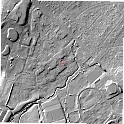 Shaded relief map of the ground around PO77GB, computed from Environment Agency LiDAR. The ground here sits at about 37 m above sea level and falls 14 m across the surrounding 800 m. Surface water reaching this point runs off ground lying to the north-north-west, 1.5 m higher.