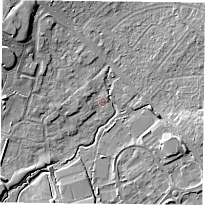 Shaded relief map of the ground around PO77GE, computed from Environment Agency LiDAR. The ground here sits at about 36 m above sea level and falls 12 m across the surrounding 800 m. Surface water reaching this point runs off ground lying to the west-north-west, 2.0 m higher.