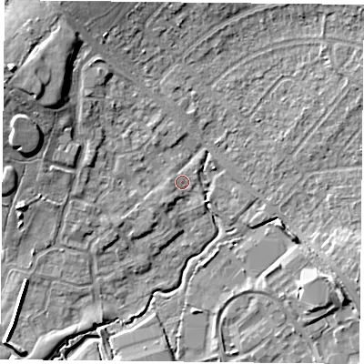 Shaded relief map of the ground around PO77GF, computed from Environment Agency LiDAR. The ground here sits at about 37 m above sea level and falls 14 m across the surrounding 800 m. Surface water reaching this point runs off ground lying to the south-west, 1.2 m higher.
