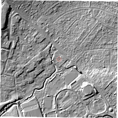 Shaded relief map of the ground around PO77GG, computed from Environment Agency LiDAR. The ground here sits at about 36 m above sea level and falls 11 m across the surrounding 800 m. Surface water reaching this point runs off ground lying to the north-west, 7.4 m higher.