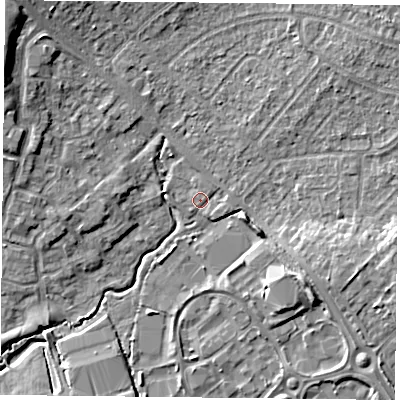Shaded relief map of the ground around PO77GH, computed from Environment Agency LiDAR. The ground here sits at about 37 m above sea level and falls 11 m across the surrounding 800 m. Surface water reaching this point runs off ground lying to the east-south-east, 4.7 m higher.