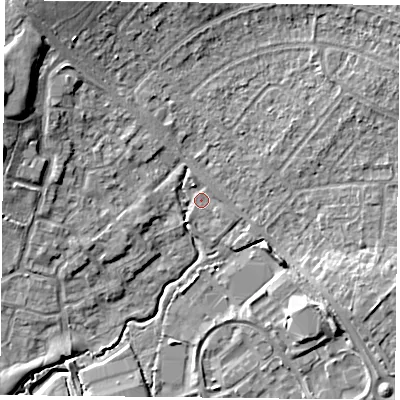 Shaded relief map of the ground around PO77GJ, computed from Environment Agency LiDAR. The ground here sits at about 37 m above sea level and falls 12 m across the surrounding 800 m. Surface water reaching this point runs off ground lying to the west-north-west, 8.4 m higher.