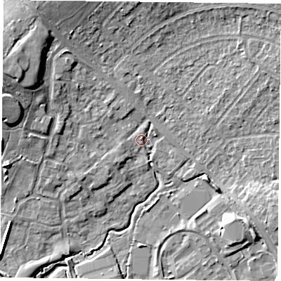 Shaded relief map of the ground around PO77GL, computed from Environment Agency LiDAR. The ground here sits at about 37 m above sea level and falls 12 m across the surrounding 800 m. Surface water reaching this point runs off ground lying to the north-north-east, 1.7 m higher.